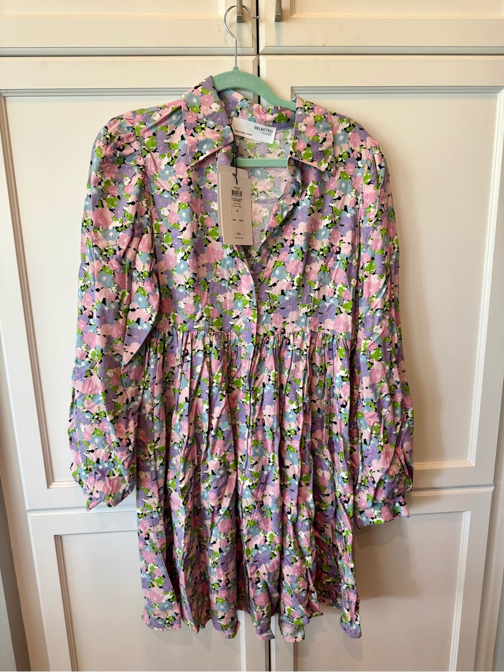 Selected Femme Pink Floral Midi Dress with Green Accents
